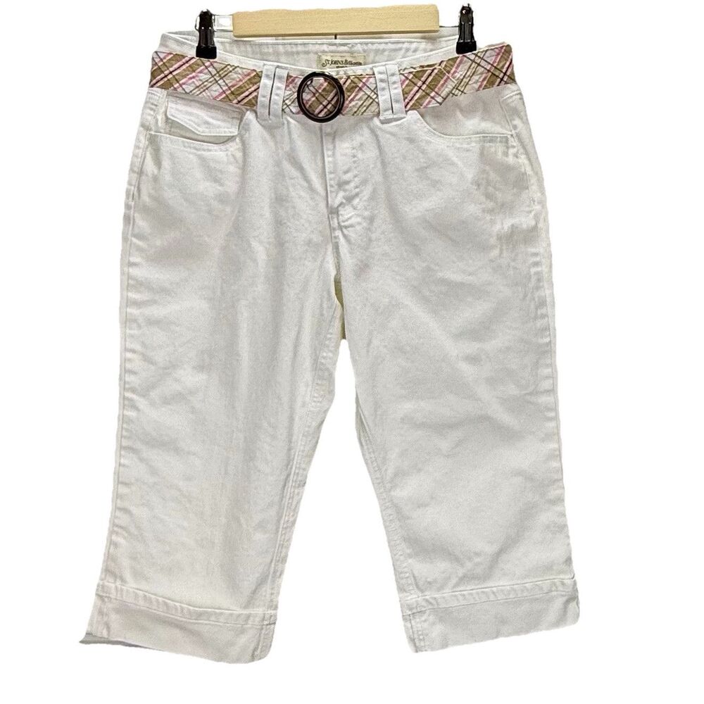 St. Johns Bay‎ Size 12 Petite White Capri Pants W/ Belt, Stretch Cotton/Spandex